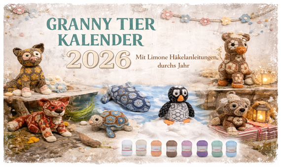 Granny Tier Kalender 2026 - gehäkelte Tiere aus Limone Baumwolle von Schoeller & Stahl