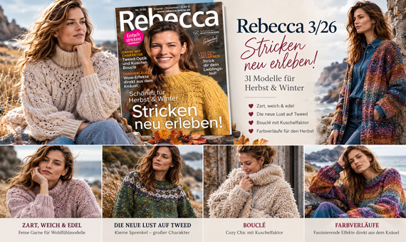 Rebecca 3/26 Strickmagazin mit Herbst- und Wintermodellen aus Tweed, Bouclé und Farbverlaufsgarnen